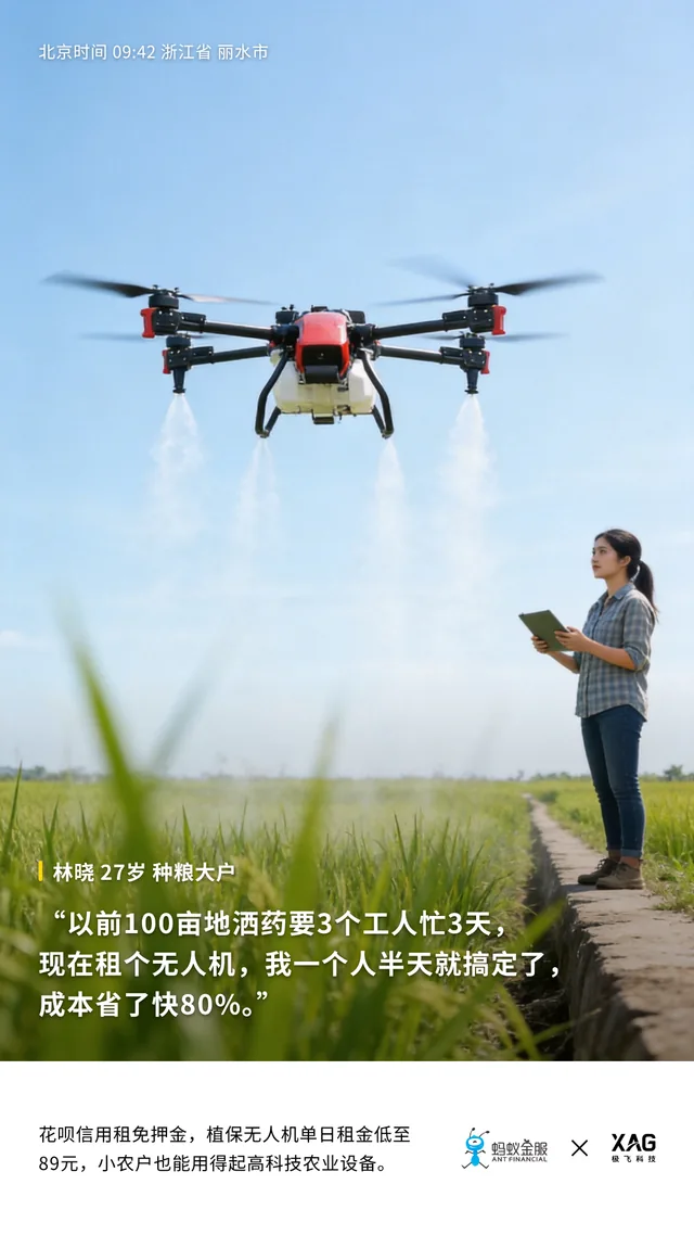 农业无人机场景海报，蓝天稻田